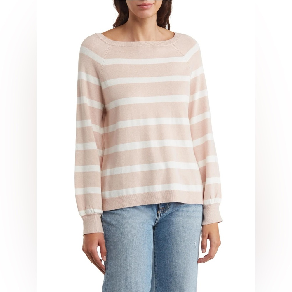 Adrianna Papell Sweater Size XL Pink White Women’s Striped Long Sleeve